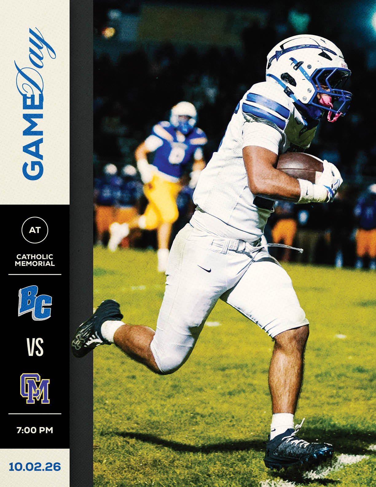 A person in white football gear is running with the ball on a field while another person in blue and yellow gear chases in the background, alongside a graphic indicating a game between BC and CM at Catholic Memorial. Description generated by AI