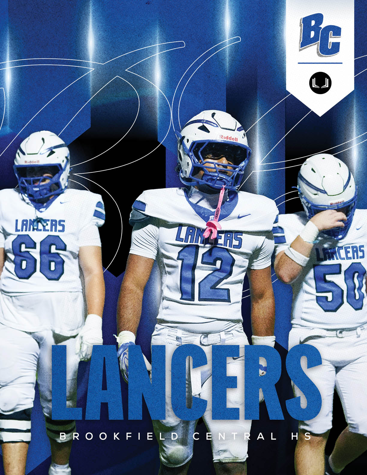 Three people in white and blue football uniforms with helmets stand in front of a blue and black background with the word LANCERS and BROOKFIELD CENTRAL HS displayed. Description generated by AI