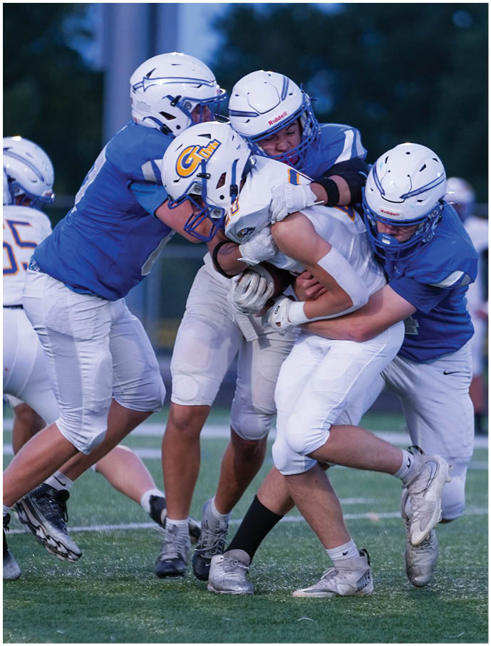Four people in football gear are tackling a player holding the ball on a grassy field during a game. Description generated by AI
