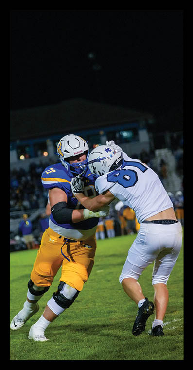 Two people in football uniforms are engaged in a physical play on a grassy field during a nighttime game with a crowd in the background. Description generated by AI