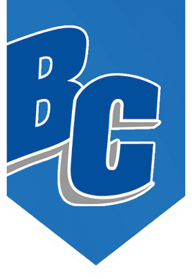 A blue shield-shaped emblem with large white and gray outlined letters “BC" in a bold, stylized font. Description generated by AI