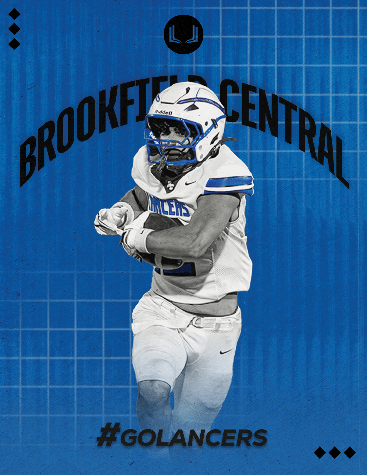 A person in a white and blue football uniform and helmet is running with a football against a blue grid background with the text “Brookfield Central" and "#GoLancers." Description generated by AI