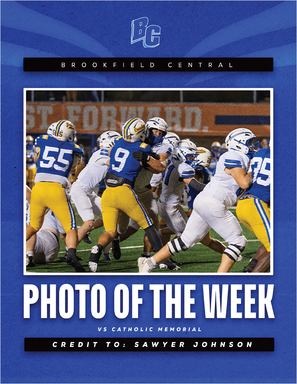 Two people in football uniforms are celebrating with a high five on a field at night with text indicating it is the photo of the week for Brookfield Central at Germantown. Description generated by AI