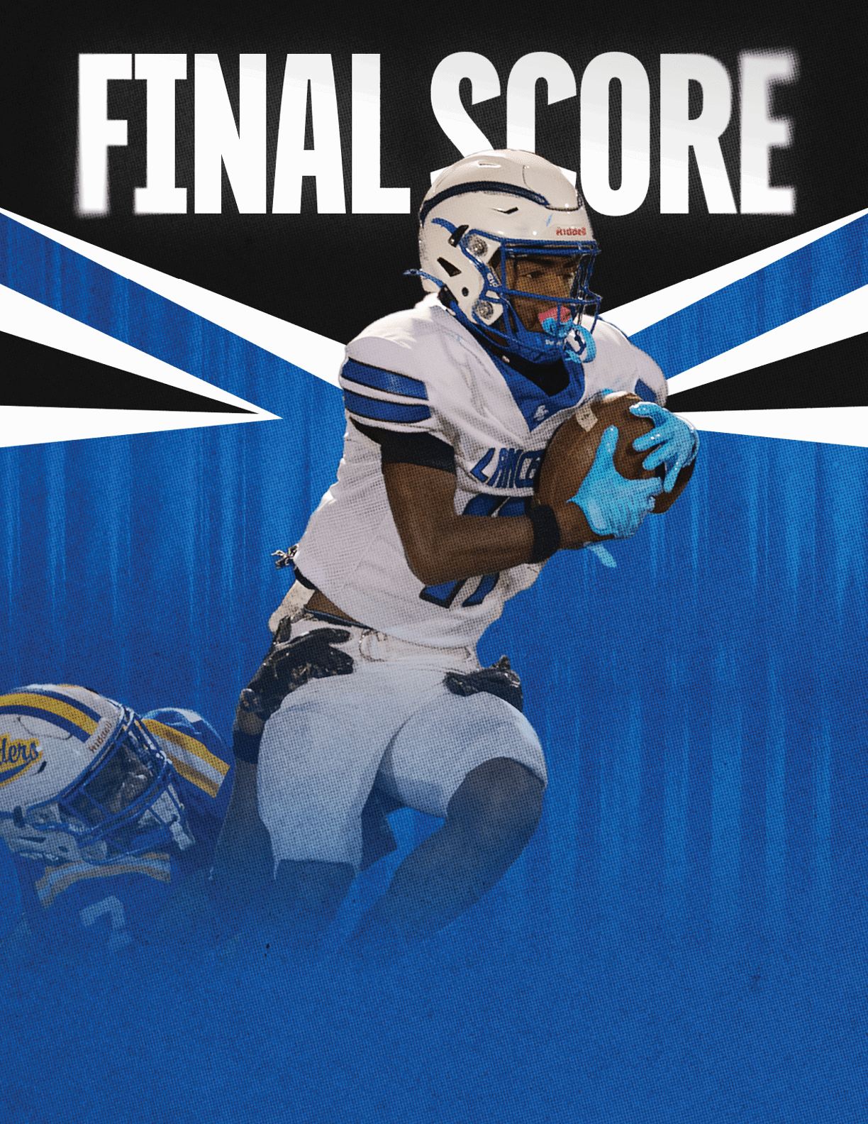 A person in a white and blue football uniform is running while holding a football with another person in a blue and yellow uniform falling behind them, with the words “FINAL SCORE" displayed above. Description generated by AI