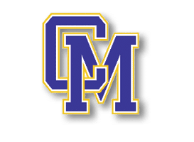 The image shows bold blue letters “C" and "M" outlined in white and gold, overlapping each other on a transparent background. Description generated by AI