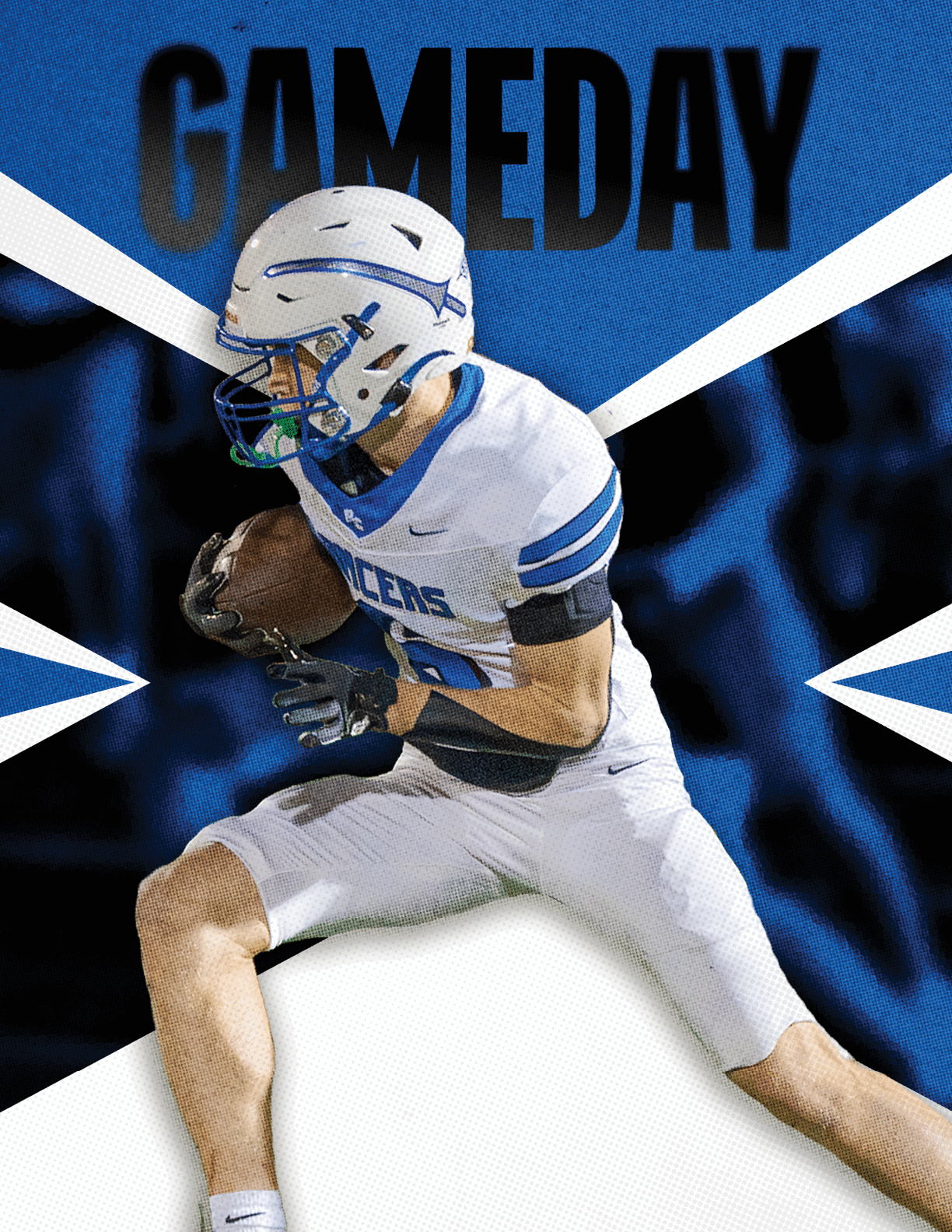 An athlete in a white and blue football uniform is running with a football against a blue and black background with the word GAMEDAY in bold letters above. Description generated by AI