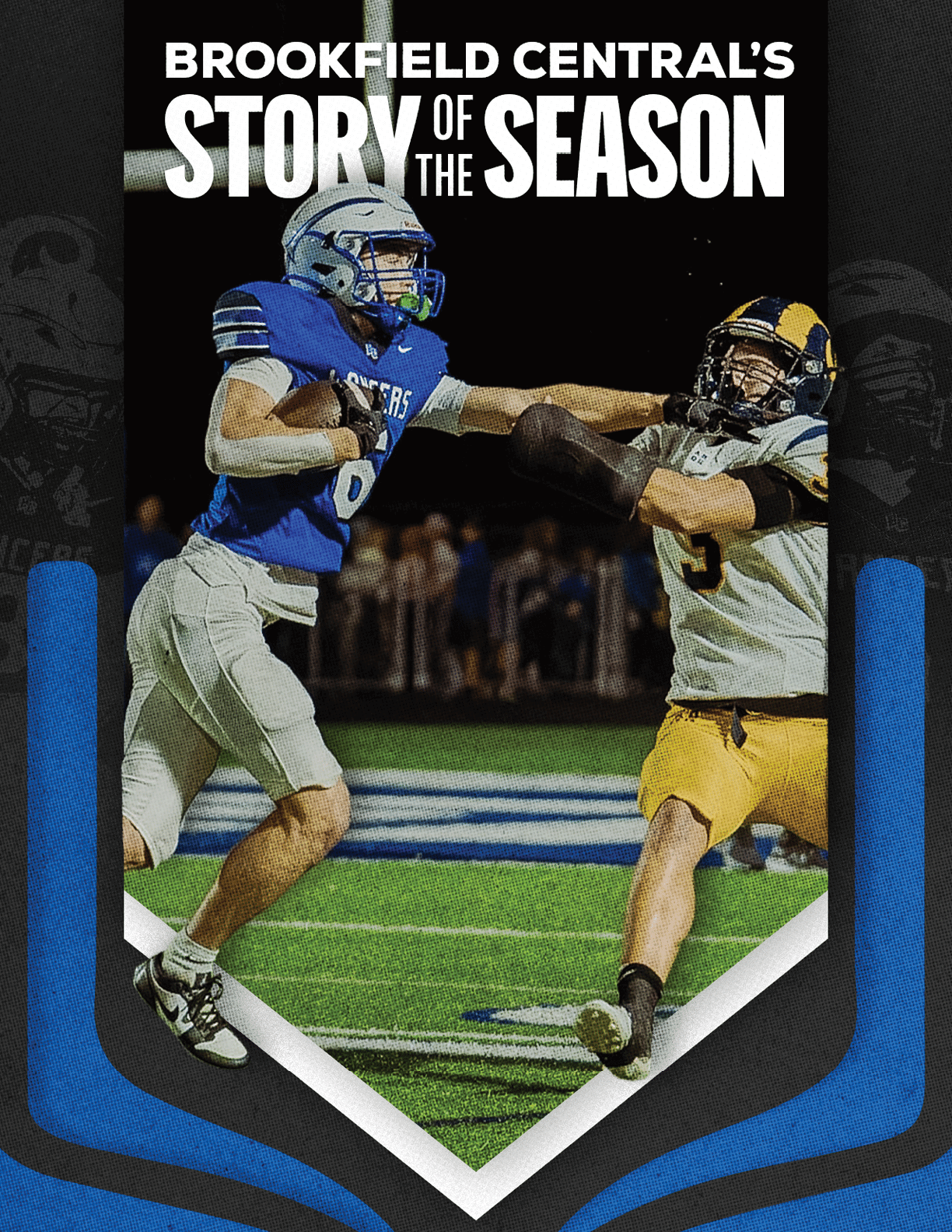 Two people in football uniforms are engaged in a play on a field with one person in blue and white running while holding the ball and the other in yellow and white attempting to block or tackle. Description generated by AI