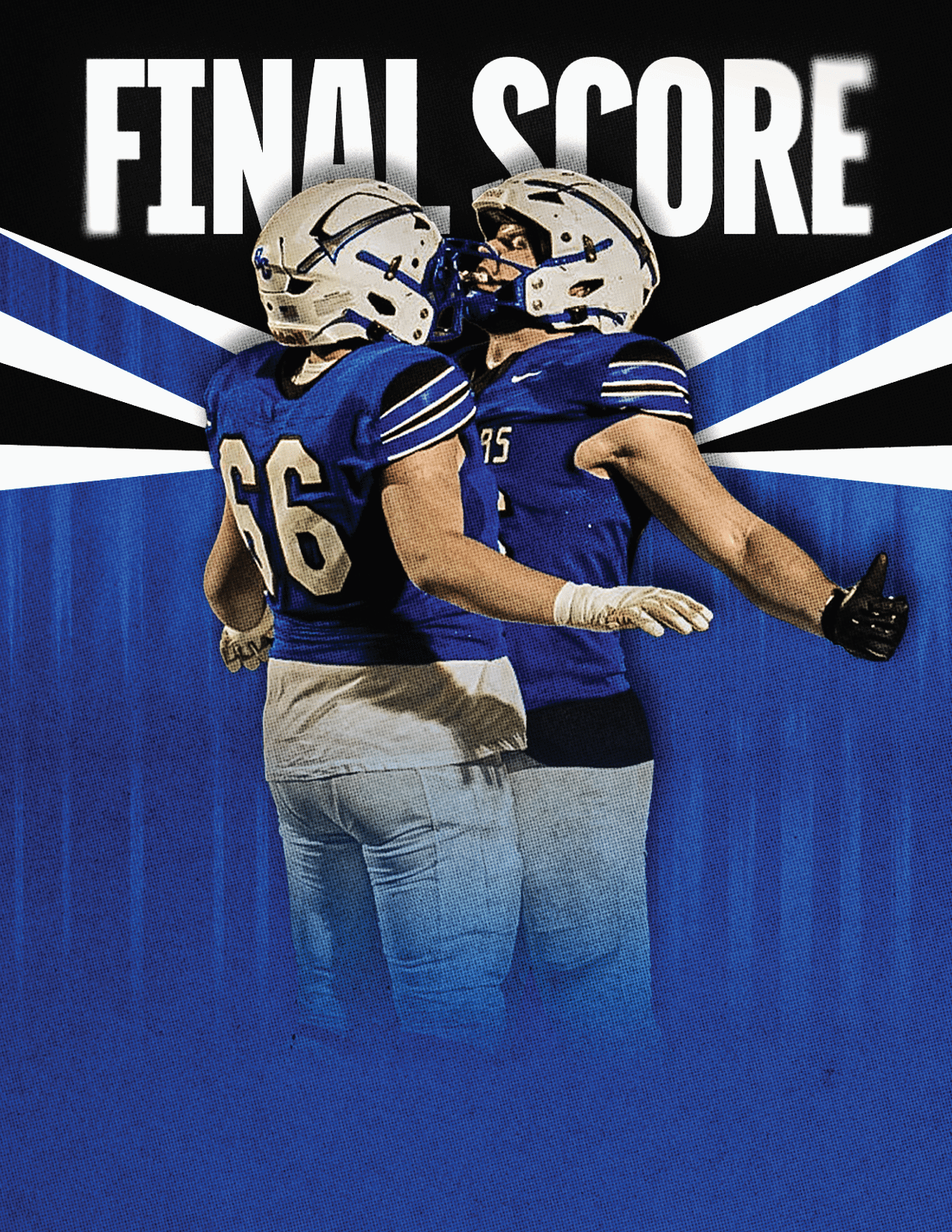 Two people in blue football uniforms and helmets celebrate energetically under bold white text that reads “FINAL SCORE" against a black and blue background. Description generated by AI