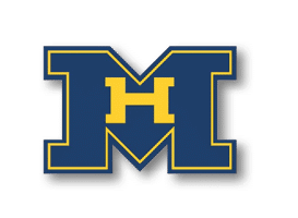 A large blue letter M with a smaller yellow letter H centered inside it, both outlined in yellow. Description generated by AI