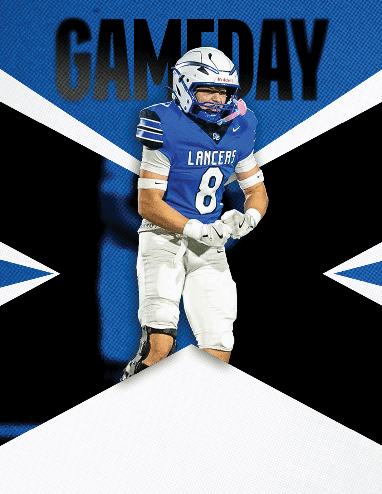 A person wearing a blue and white football uniform with the number 8 and the word Lancers stands in front of a blue and black background with the word GAMEDAY at the top. Description generated by AI