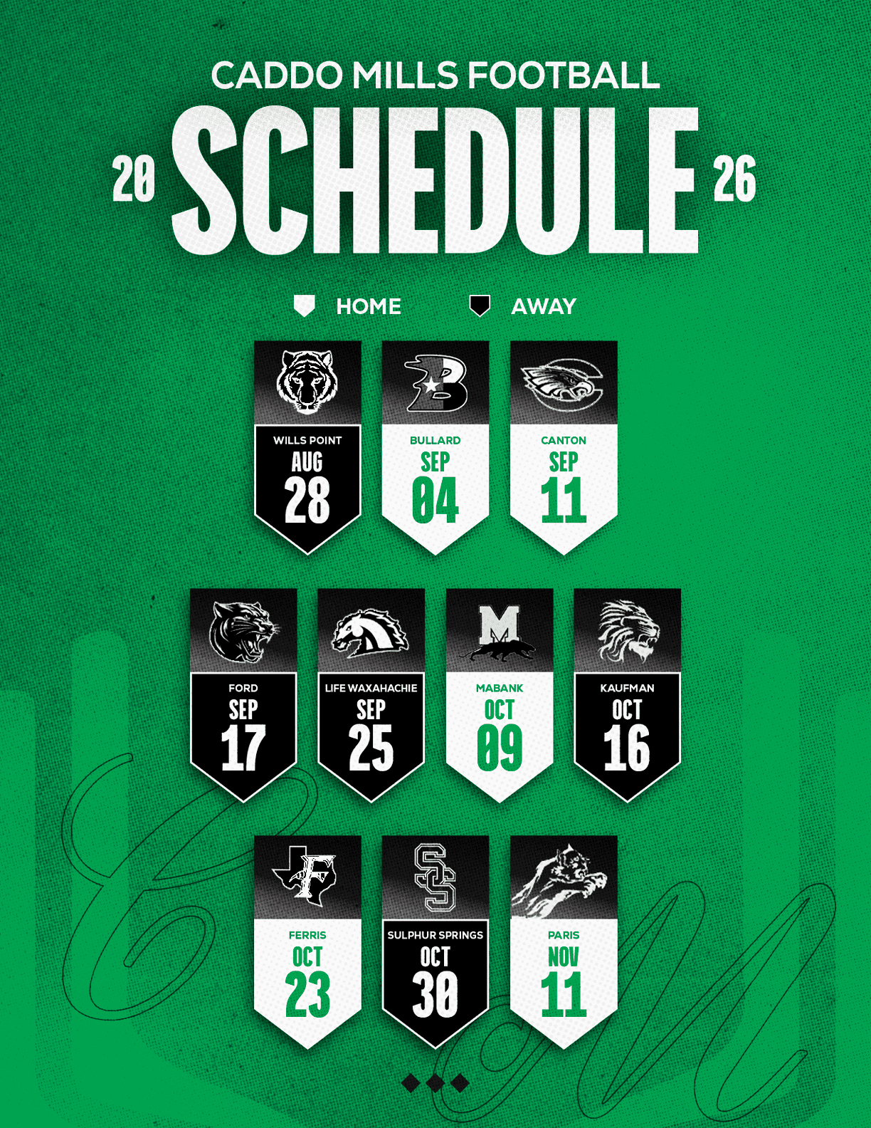 The 2026 Caddo Mills Football schedule is displayed with team logos and dates for home and away games on a green textured background. Descripci n generada con IA