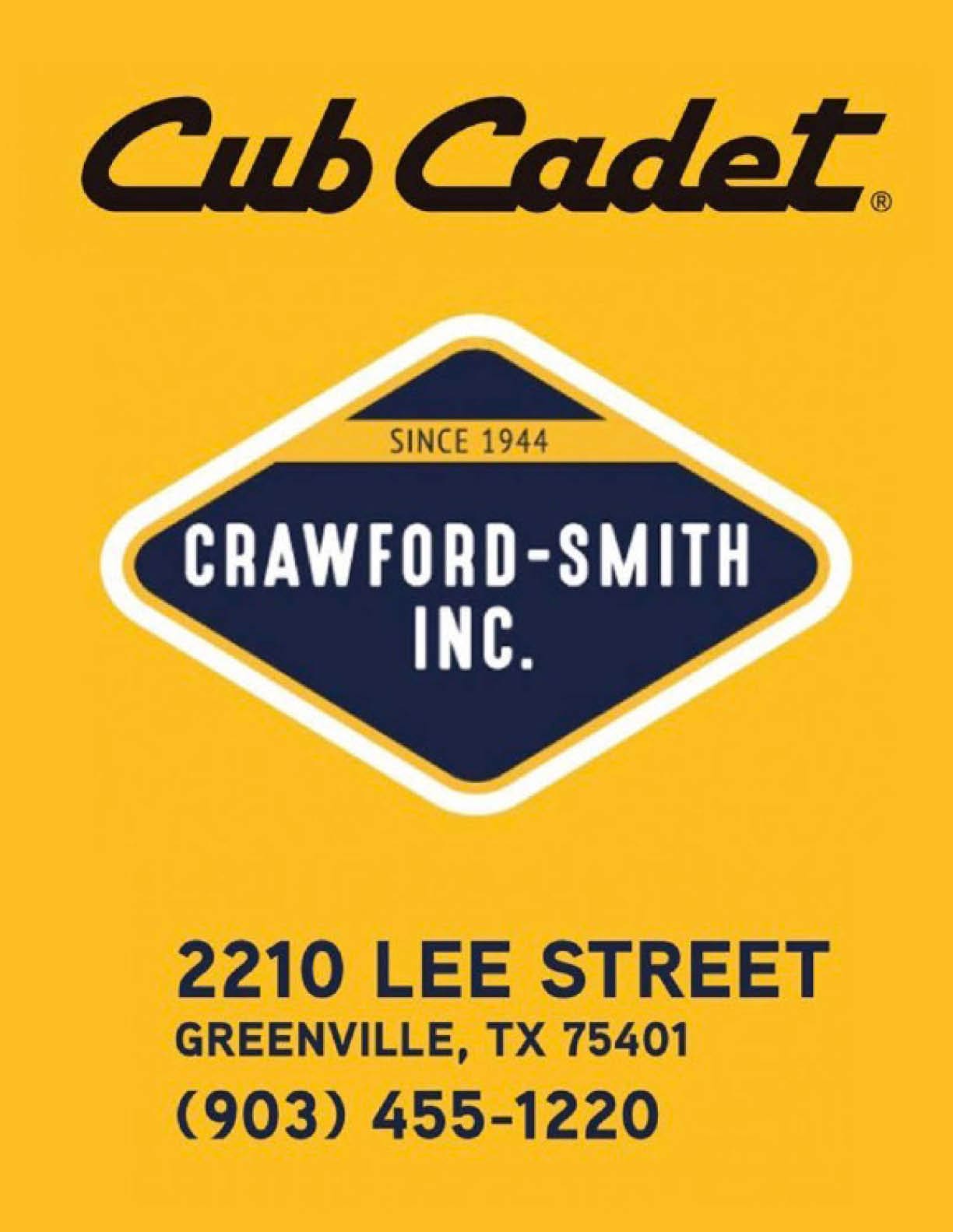 Cub Cadet logo above a diamond-shaped sign reading Crawford-Smith Inc. since 1944 with an address and phone number on a yellow background. Descripci n generada con IA