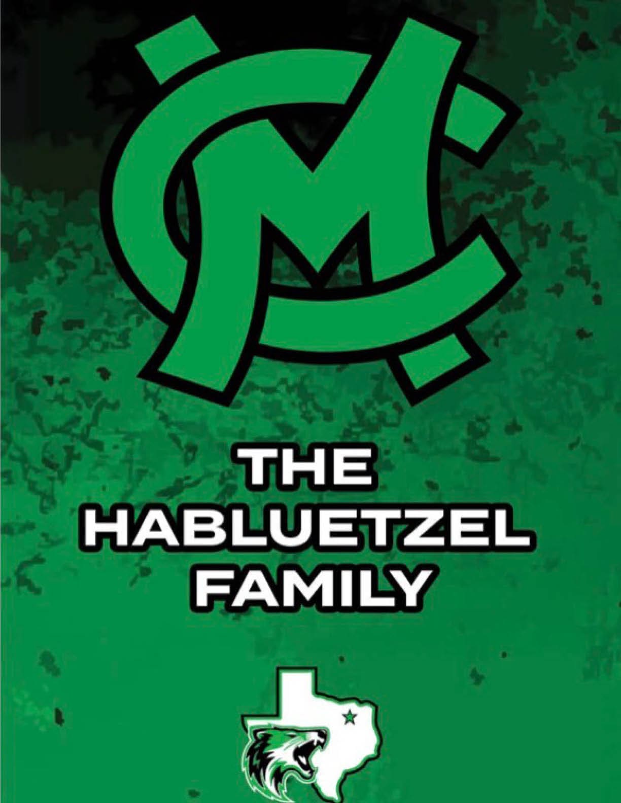 A green and black stylized logo above the text “THE HABLUETZEL FAMILY" with a white outline of Texas featuring a roaring panther and a star inside. Descripci n generada con IA