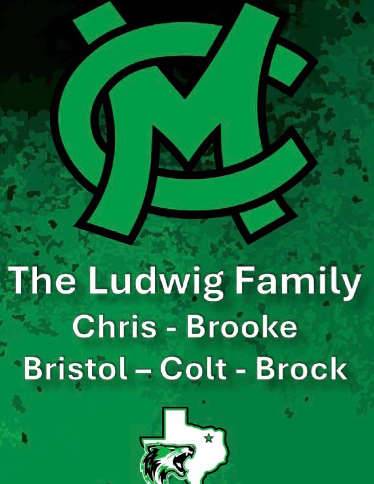 A green and black stylized logo with the text The Ludwig Family and names Chris, Brooke, Bristol, Colt, and Brock on a green textured background with an outline of Texas featuring a roaring bear. Descripci n generada con IA