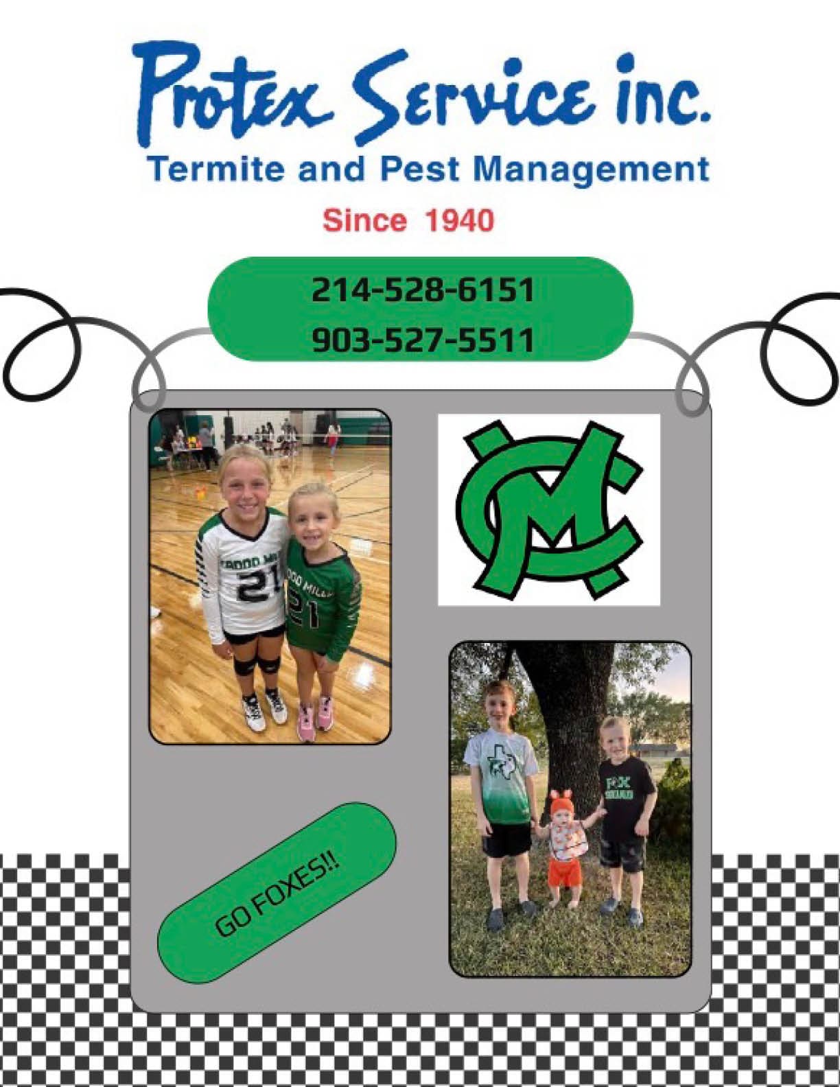 A promotional graphic for Protex Service Inc. Termite and Pest Management features two children in sports uniforms indoors, a logo with stylized letters, and three children outdoors near a tree with one child holding a small figure, along with contact numbers and the phrase “GO FOXES!!". Descripci n generada con IA