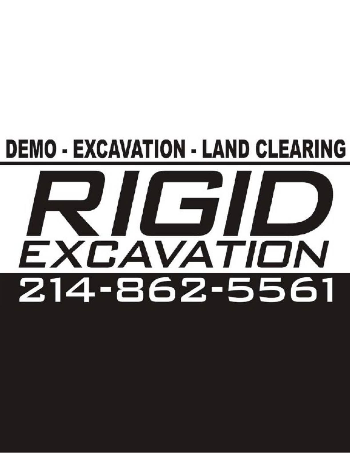 Bold black and white text advertising demo, excavation, and land clearing services by Rigid Excavation with a phone number displayed. Descripci n generada con IA