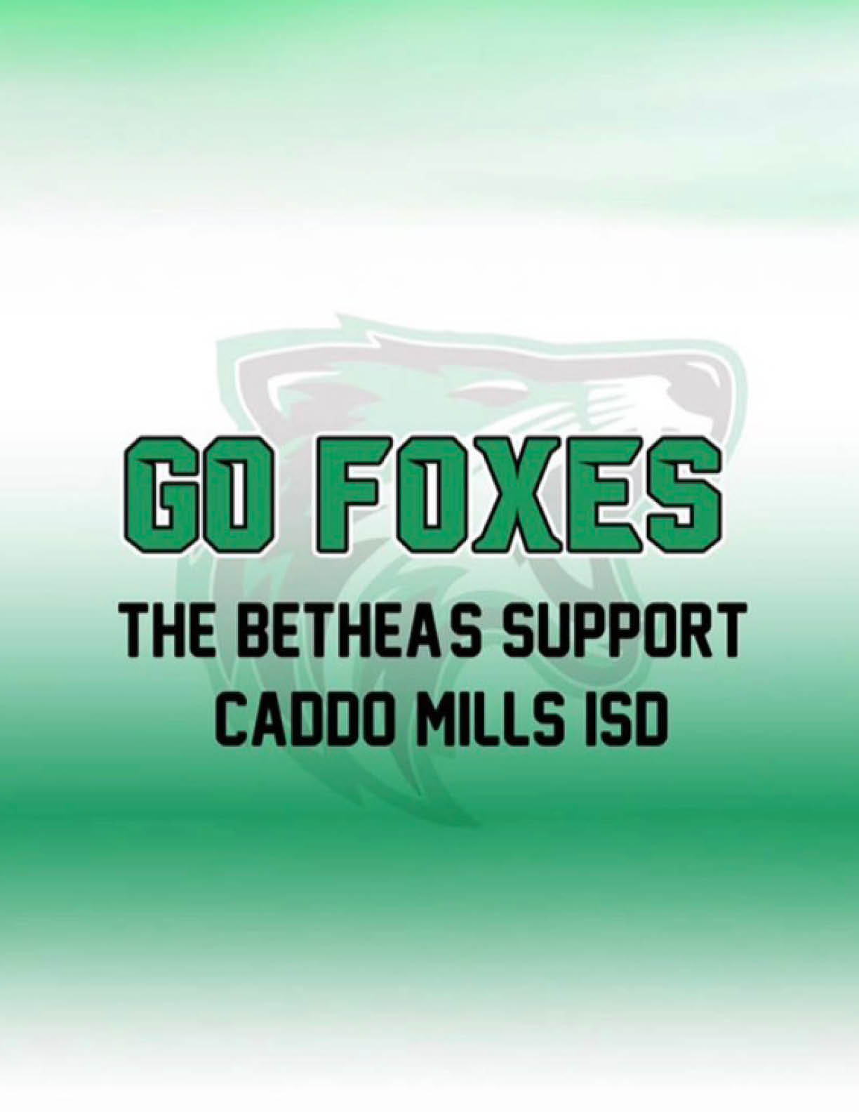 Green and black text on a green gradient background reads Go Foxes The Betheas Support Caddo Mills ISD with a faint fox head logo behind the text. Descripci n generada con IA