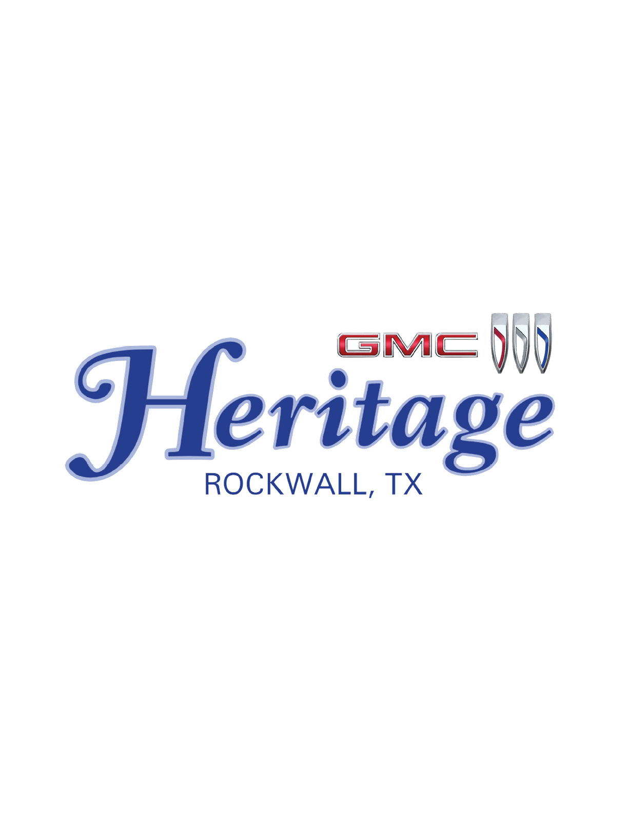 The logo features the word Heritage in blue script with GMC in red block letters above and three silver and red shield-like icons, along with the text Rockwall, TX below. Descripci n generada con IA