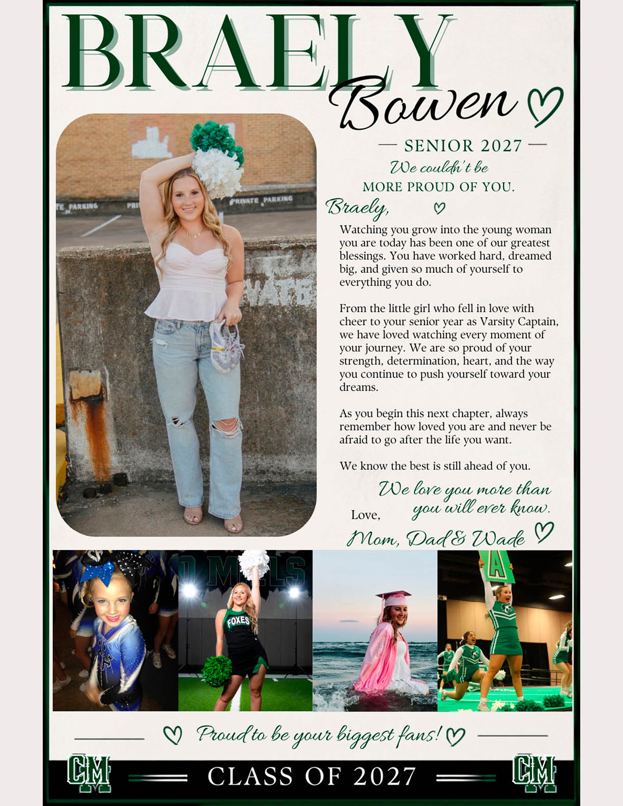 A senior tribute collage features a person in casual clothes holding a bouquet, surrounded by four smaller photos showing the same person in cheerleading uniforms and a graduation gown, with heartfelt messages and decorative text celebrating their achievements and future. Descripci n generada con IA