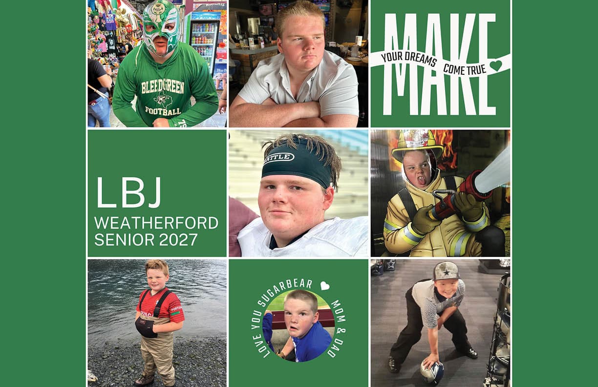 A collage features a person in various settings including wearing a green football hoodie and mask, sitting at a table, dressed in a yellow costume holding a sword, standing by water in fishing gear, and posing in casual clothing with text blocks highlighting “LBJ Weatherford Senior 2027" and motivational phrases. Descripci n generada con IA