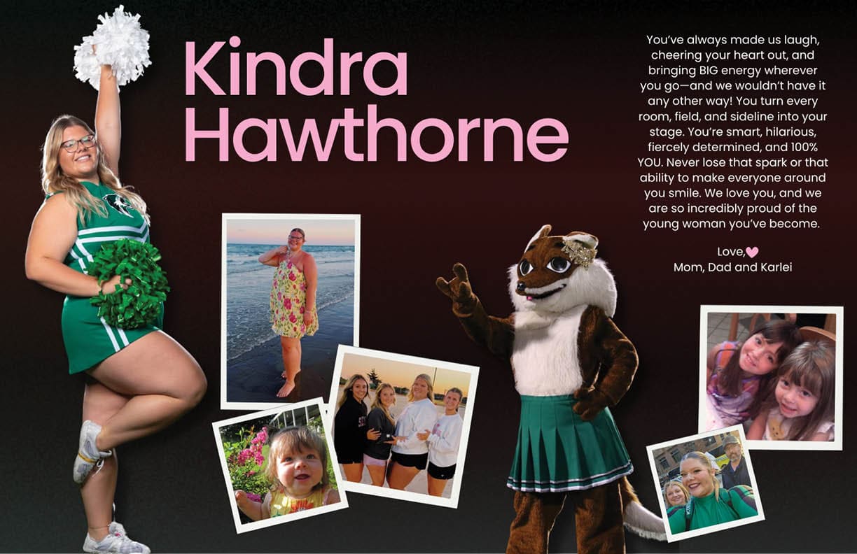 A collage features a person in a cheerleading outfit holding pom-poms, several photos of people at the beach and outdoors, a mascot in a cheerleader costume, and a heartfelt message dedicated to Kindra Hawthorne. Descripci n generada con IA