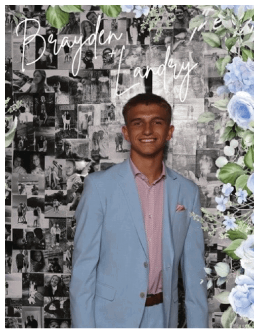 A collage of black and white photos featuring people in various poses and settings is overlaid with the name Brayden in large cursive script and decorated with green leaves and white flowers at the top. Descripci n generada con IA