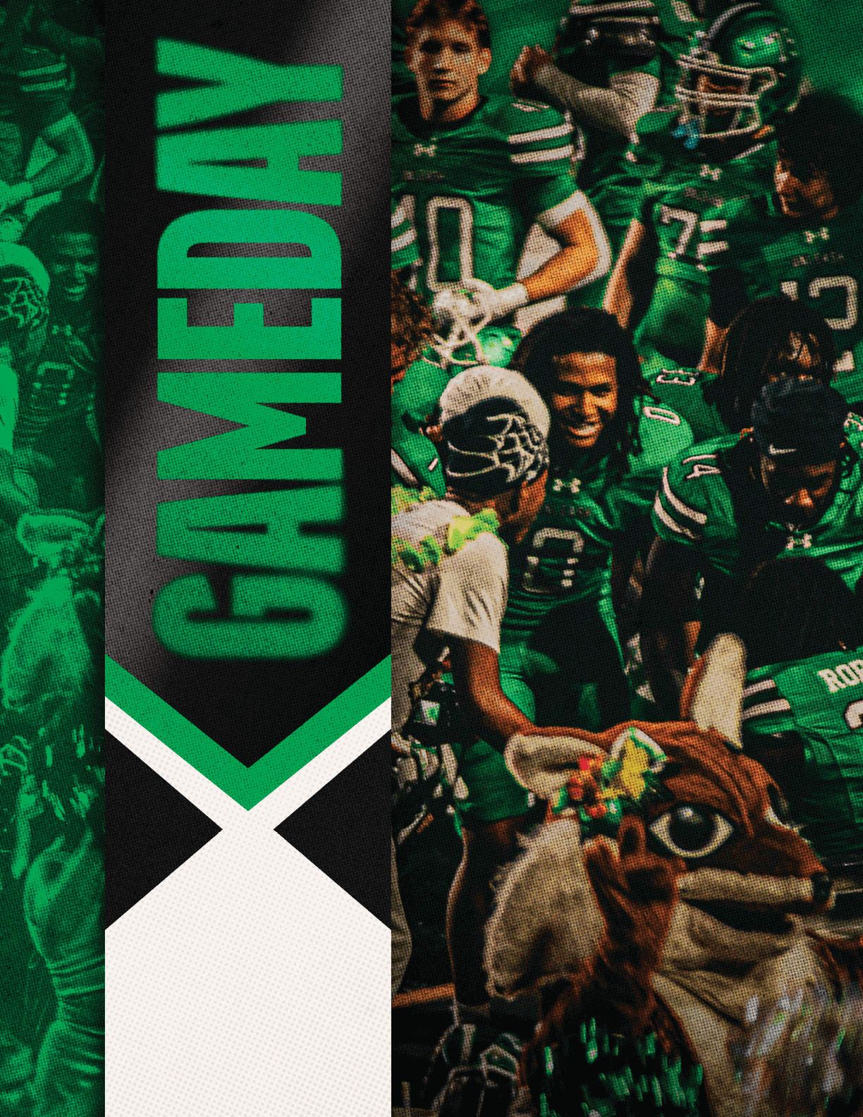 A group of people in green sports uniforms are gathered together with one person in a mascot costume, and the word GAMEDAY is displayed vertically on a black and green banner. Descripci n generada con IA