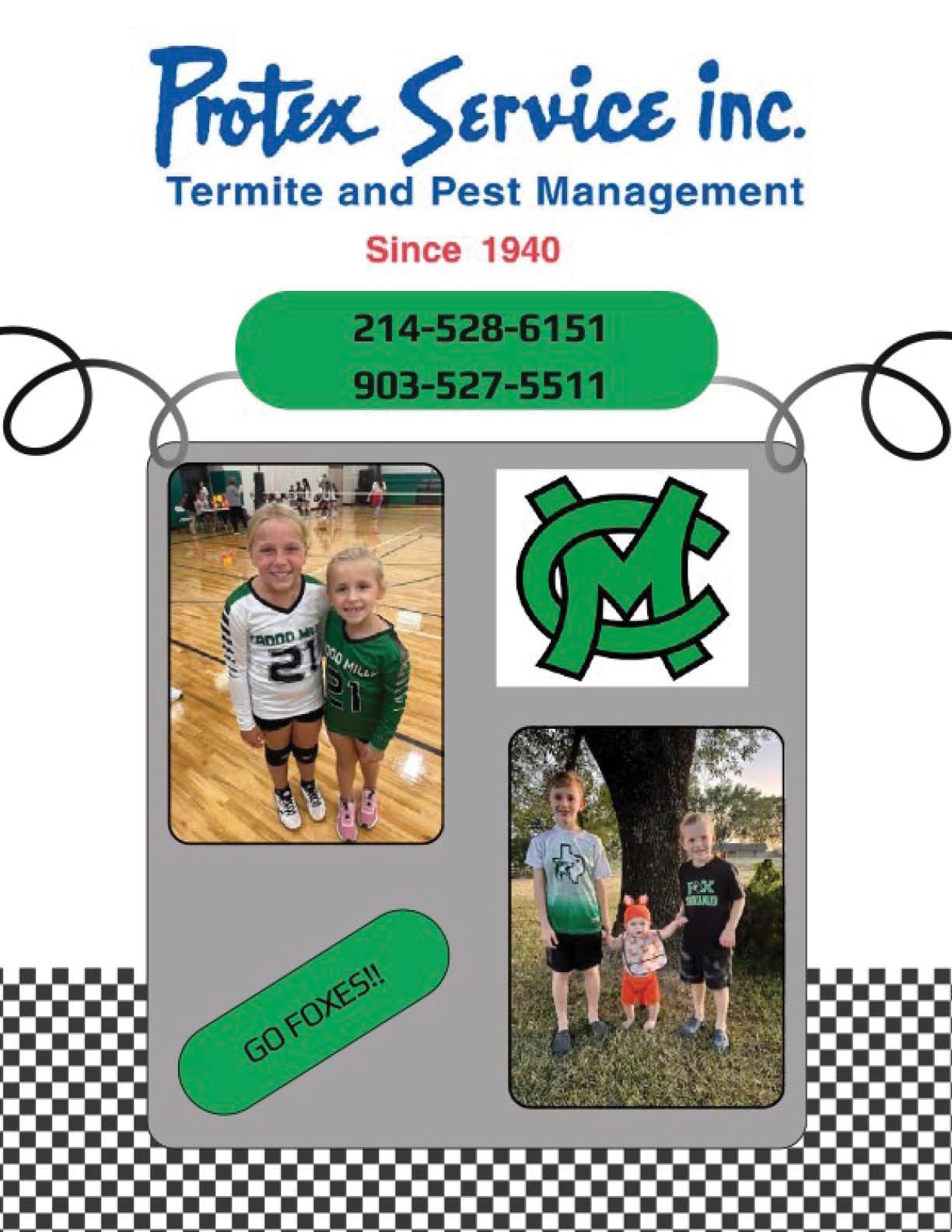 A promotional graphic for Protex Service Inc. Termite and Pest Management features two children in sports uniforms indoors, a logo with stylized letters, and three children outdoors near a tree with one child holding a small figure, along with contact numbers and the phrase “GO FOXES!!". Descripci n generada con IA