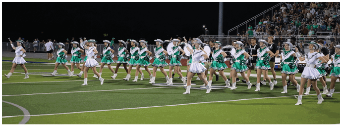 A group of people dressed in green and white uniforms are performing a synchronized dance or drill on a sports field at night with spectators in the background. Descripci n generada con IA