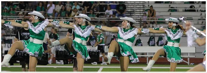 Adults dressed in green and white uniforms with hats perform a synchronized dance routine on a field with spectators in the background. Descripci n generada con IA
