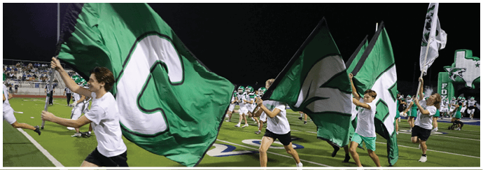 People in matching outfits wave large green and white flags on a sports field at night with a crowd in the background. Descripci n generada con IA
