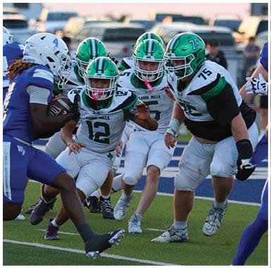 People in football uniforms are actively engaged in a game on a field, with some players running and others preparing to block or tackle. Descripci n generada con IA