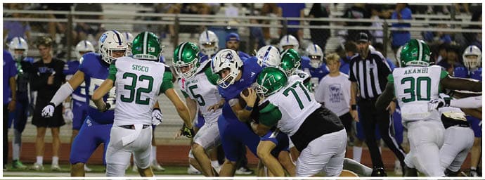 People in football uniforms are engaged in a play on a field with spectators in the background. Descripci n generada con IA