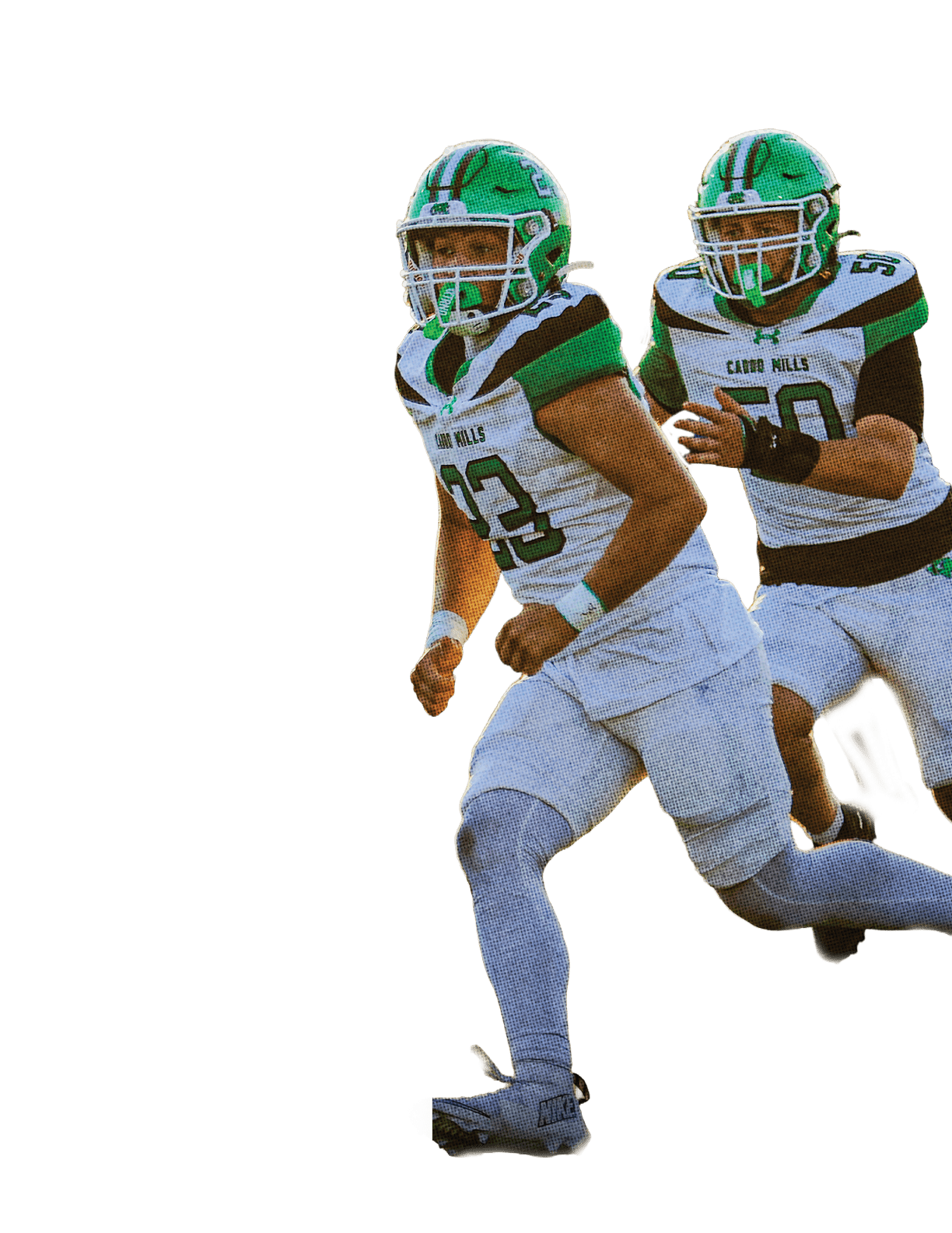 Two people in football uniforms are running on a green background with the word GAMEDAY displayed vertically in bold green letters. Descripci n generada con IA
