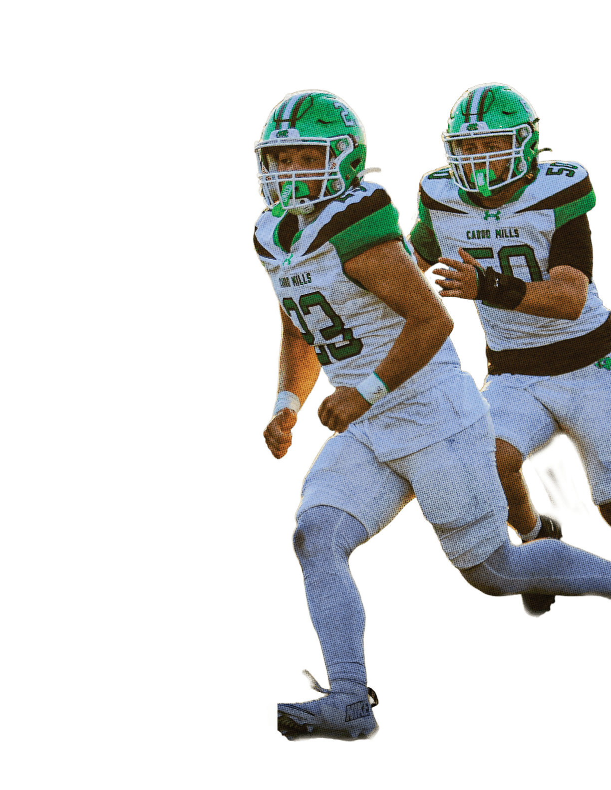 Two people in football uniforms are running on a green background with the word GAMEDAY displayed vertically in bold green letters. Descripci n generada con IA