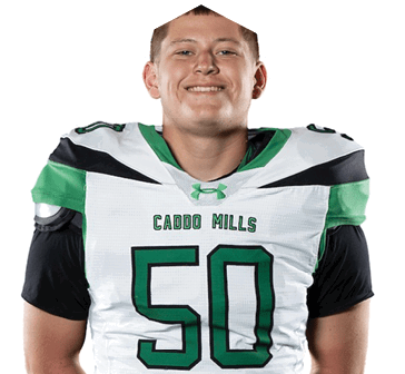 A person wearing a green and white football uniform with the number 50 and the words “Caddo Hills" stands smiling with hands behind their back against a white background. Descripci n generada con IA