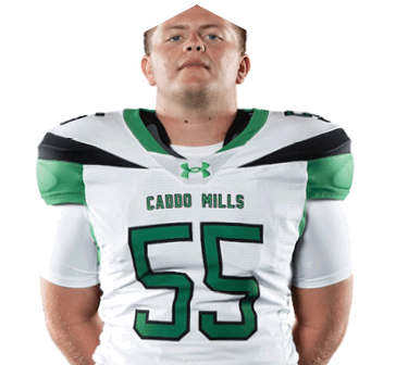 A person stands facing forward wearing a white and green football uniform with the number 55 and the words Caddo Hills on the jersey. Descripci n generada con IA