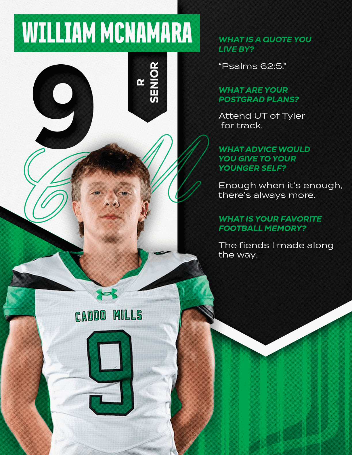 An adult wearing a sports jersey with the number nine stands in front of a graphic background featuring text about William McNamara's senior year, postgrad plans, advice to younger self, and favorite football memory. Descripci n generada con IA