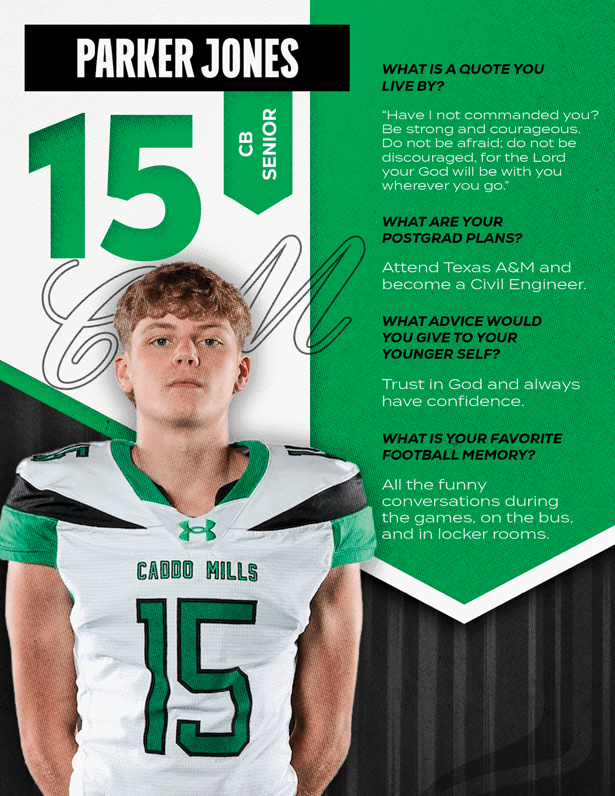 A person wearing a white and green football jersey with the number 15 stands in front of a graphic background featuring the name Parker Jones, senior status, and text about quotes, postgrad plans, advice, and favorite football memories. Descripci n generada con IA