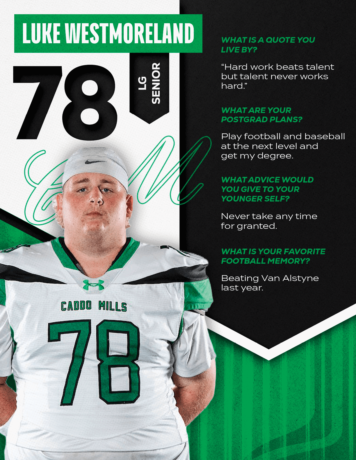 A person wearing a white and green sports jersey with the number 78 and a white head covering stands next to text featuring their name Luke Westmoreland, position LG Senior, and answers about their work ethic, postgrad plans, advice to younger self, and favorite football memory. Descripci n generada con IA