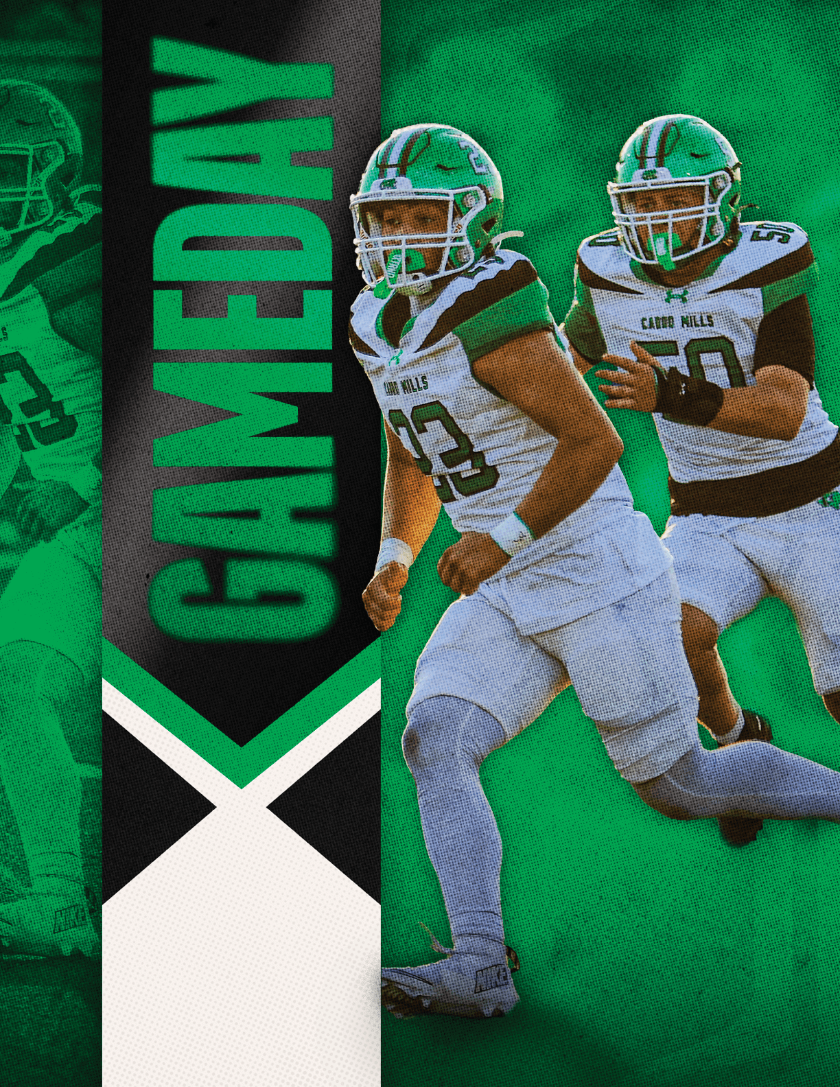 Two people in football uniforms are running on a green background with the word GAMEDAY displayed vertically in bold green letters. Descripci n generada con IA