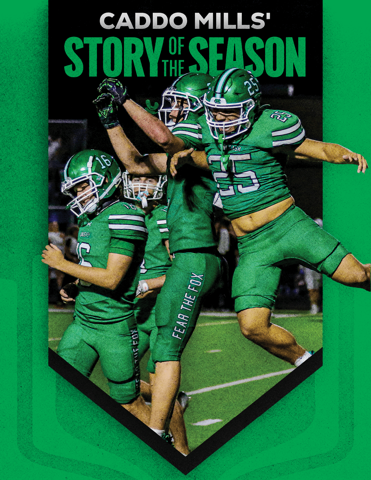 Three people in green football uniforms celebrating energetically on a field with the text “Caddo Mills' Story of the Season" above them. Descripci n generada con IA