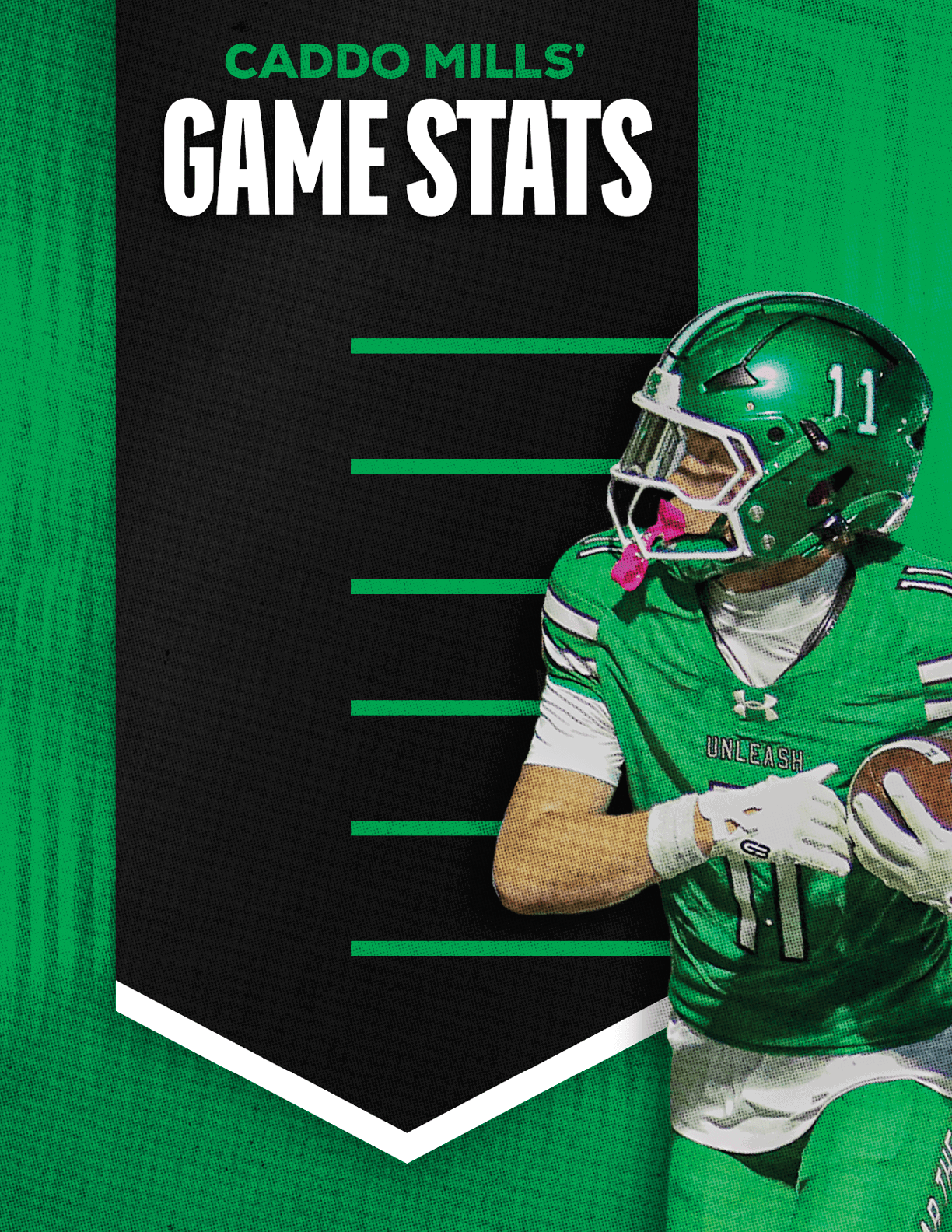 A person in a green football uniform and helmet is holding a football and looking to the side next to a black banner with green lines and the text “Caddo Mills' Game Stats." Descripci n generada con IA