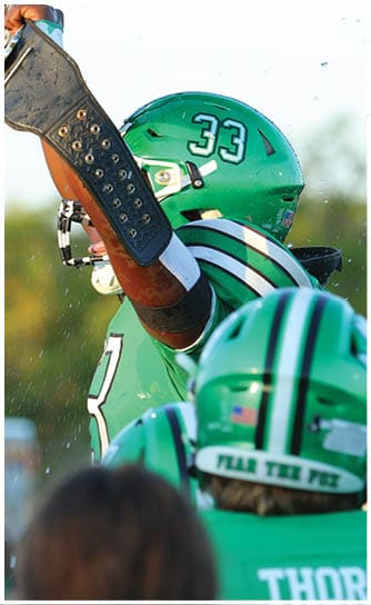 A person wearing a green football helmet with the number 33 and a striped uniform is captured in close-up during a game. Descripci n generada con IA