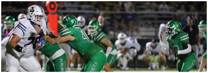People in green and white football uniforms are engaged in a play on a football field with blurred spectators in the background. Descripci n generada con IA