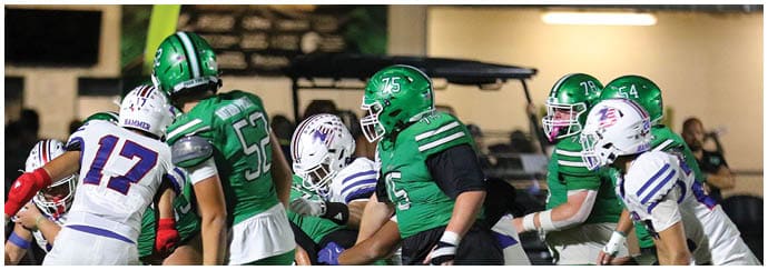 People wearing green and white football uniforms are engaged in a play on a football field under stadium lights. Descripci n generada con IA