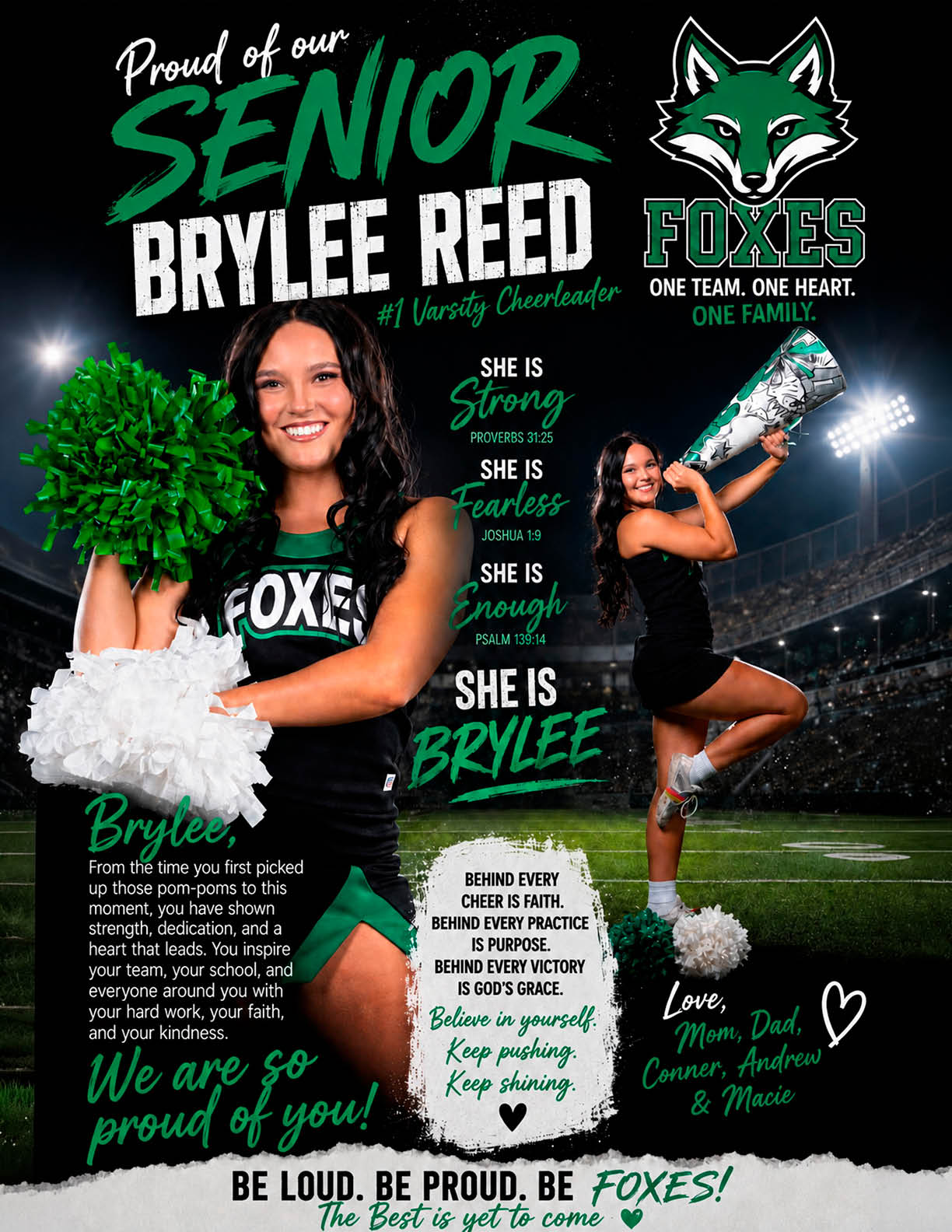 A person in a cheerleading uniform holds green and white pom-poms and a megaphone in a stadium setting with text celebrating a senior named Brylee Reed as a strong, fearless, and enough varsity cheerleader for the Foxes team. Descripci n generada con IA