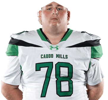 Person wearing a white and green football jersey with the number 78 and the words “Caddo Mills" on the front. Descripci n generada con IA