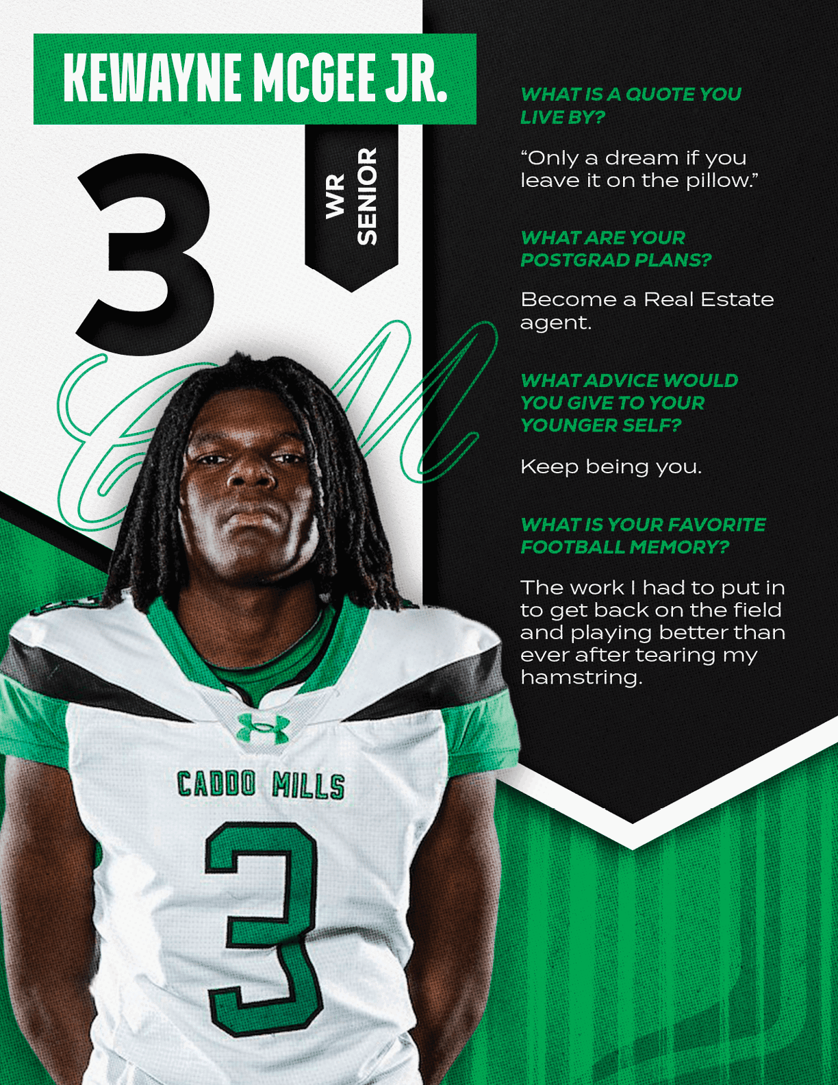 A person with long braided hair wearing a white and green football jersey with the number 3 stands next to text featuring their name, senior year, and quotes about their favorite football memory, advice to their younger self, and post-graduation plans. Descripci n generada con IA