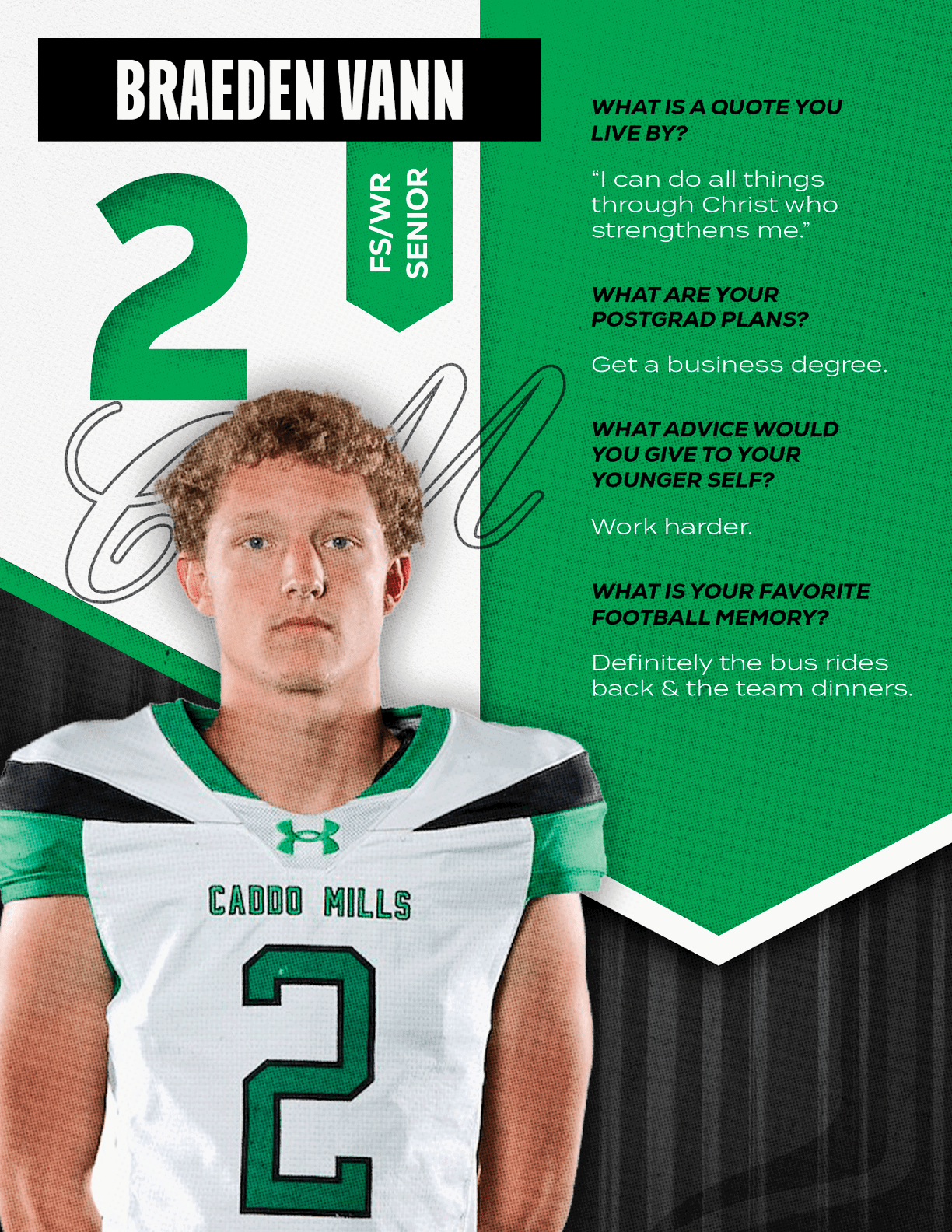 Person wearing a football jersey with the number four and the name Cabot Mills stands next to text featuring the name Colton Ponton, position QB Senior, and quotes about life, postgrad plans, advice, and a favorite football memory. Descripci n generada con IA
